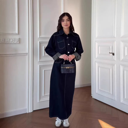 Retro Casual Long-sleeve Denim Maxi Dress