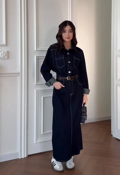 Retro Casual Long-sleeve Denim Maxi Dress