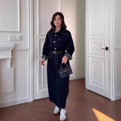 Retro Casual Long-sleeve Denim Maxi Dress
