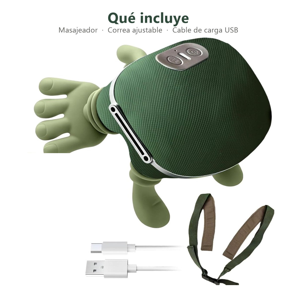 Qué incluye: masajeador cervical, correa ajustable y cable de carga USB