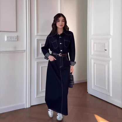 Retro Casual Long-sleeve Denim Maxi Dress