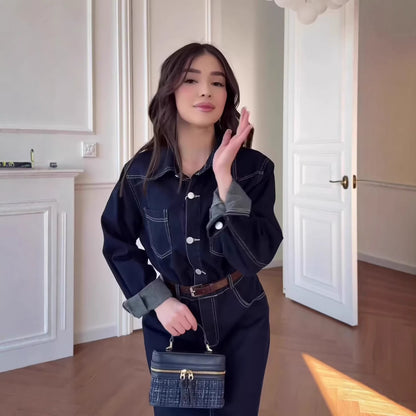 Retro Casual Long-sleeve Denim Maxi Dress